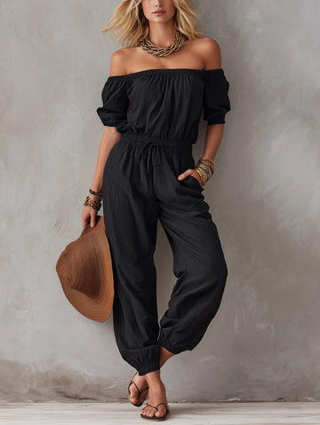 Women's Casual Black Woven Off-Shoulder Sleeveless Jumpsuit MDZ1751F1LXY