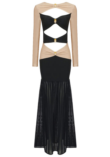 Long Sleeve Cut Out Detail Maxi Dress Black Nude