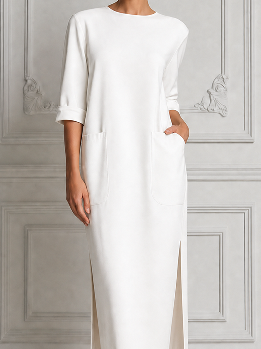 White Dress Stockholm Style Patch Pocket Slit Midi Dress