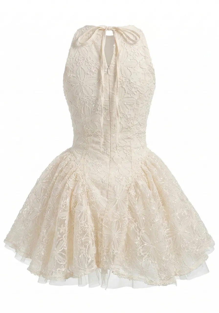Halter Floral A Line Dress Ivory