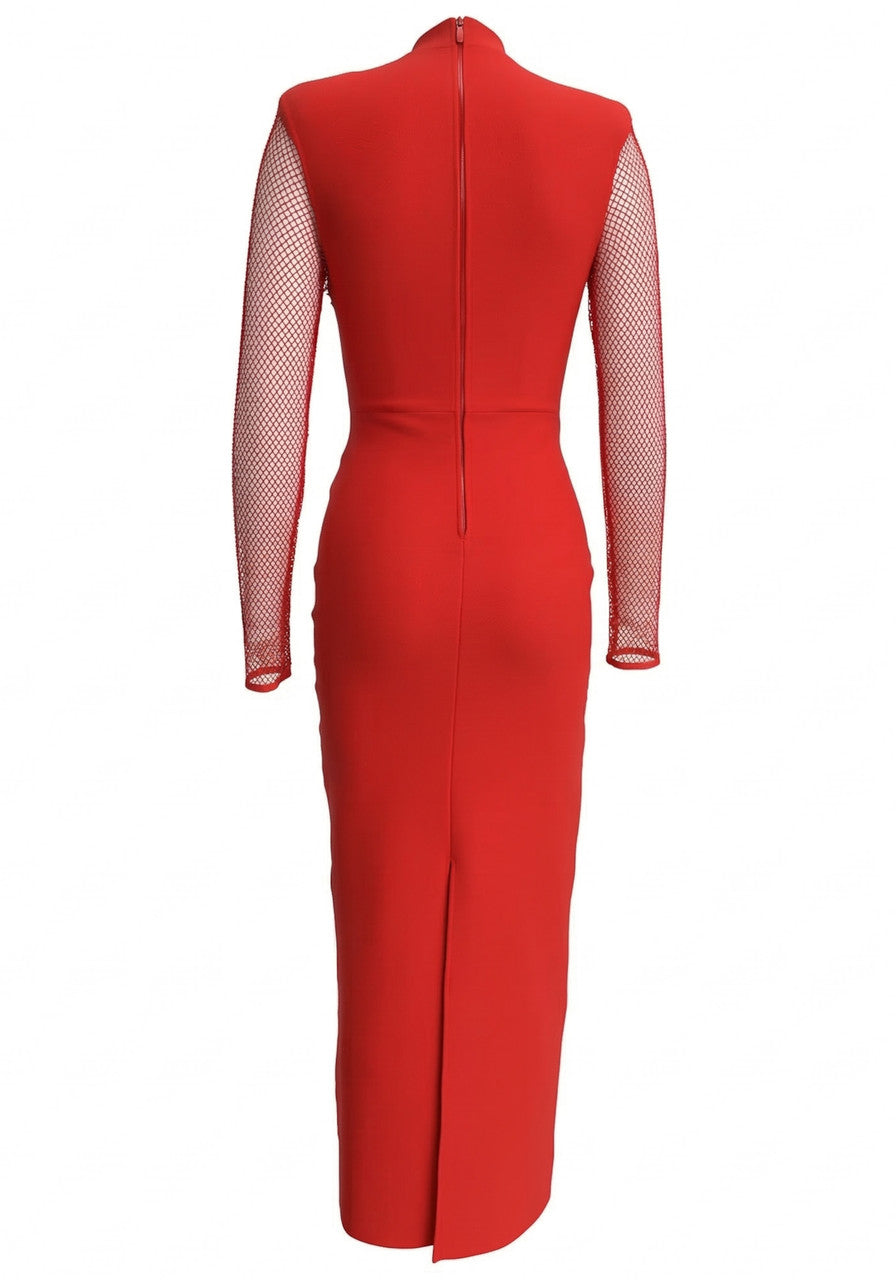 Long Sleeve Crystal Floral Detail Maxi Dress Red