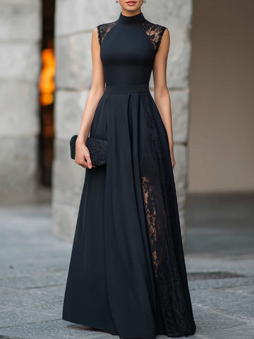 High Neck Lace Panel A-Line Maxi Dress