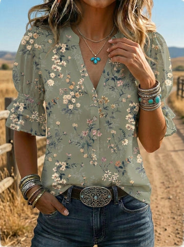 Women's Retro Floral Art Puff Sleeve Casual Shirt