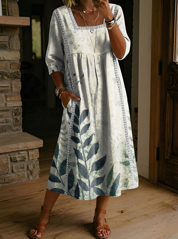 Women's Folk Printed Square Neck Hollow Cotton Pocket Dress