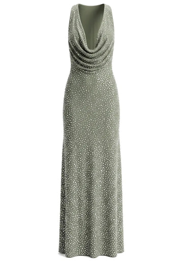 Draped Neckline Crystal Maxi Dress Green
