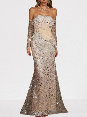 Strapless Nude Sequin & Pearl Embellished Gown