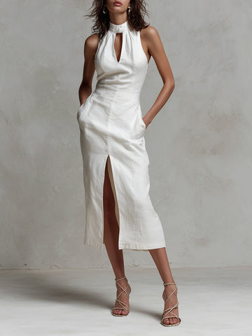 Bohemian Style Keyhole Neckline Denim Midi Dress With Side Slits