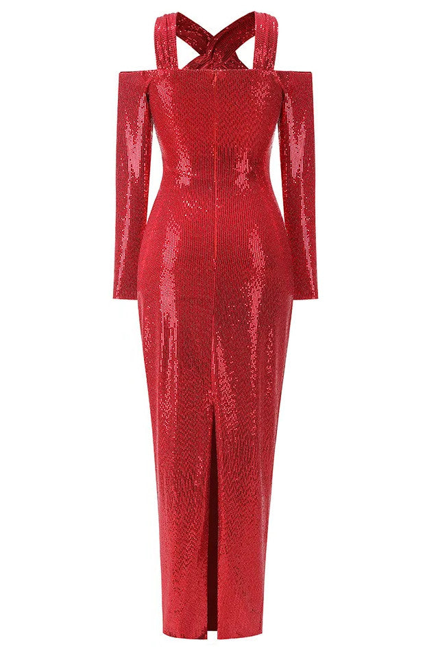 Long Sleeve Sequin Flower Maxi Dress Red