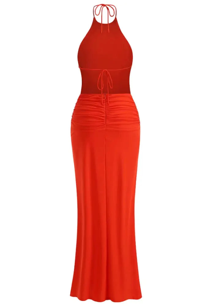 Halter Backless Draped Maxi Dress Coral Red