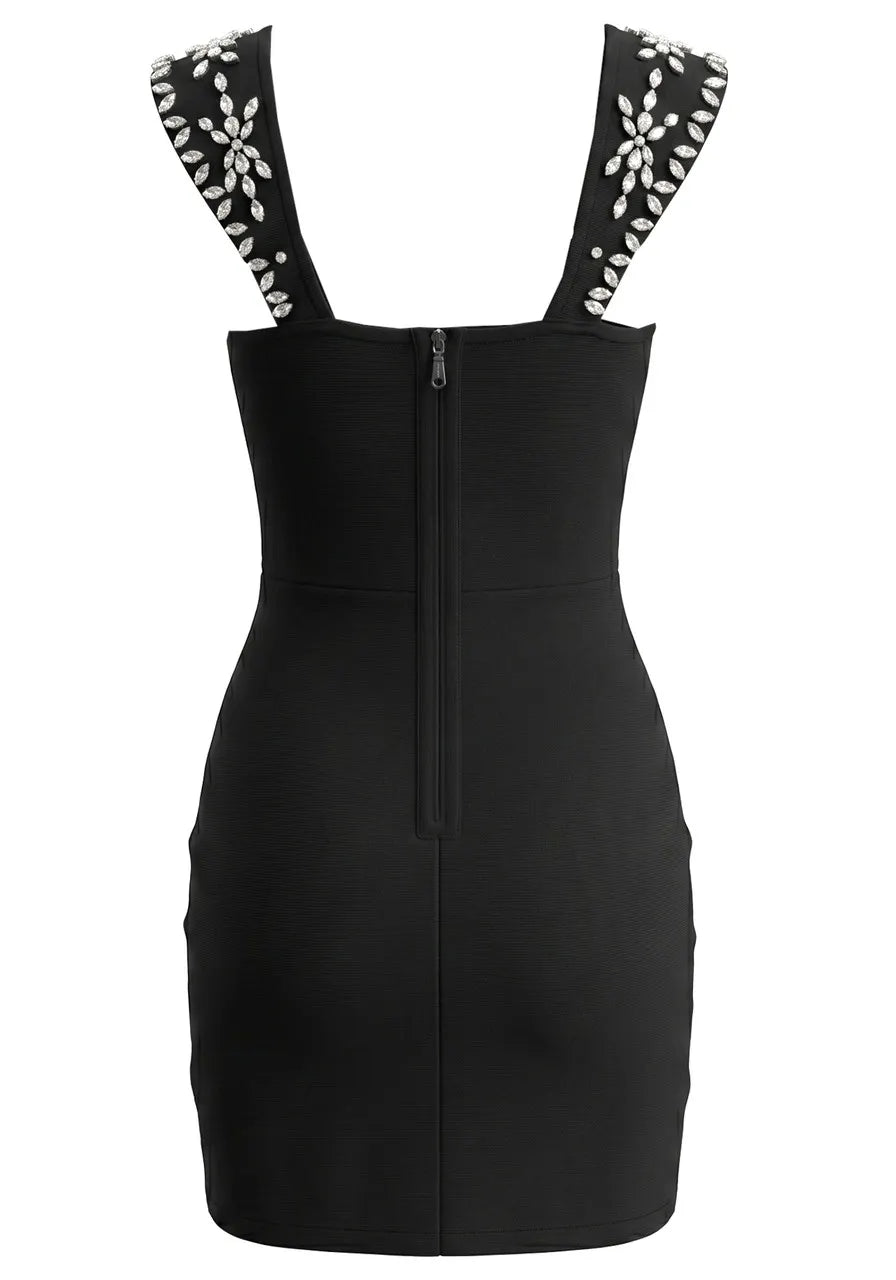 Crystal Embellished Mini Dress Black