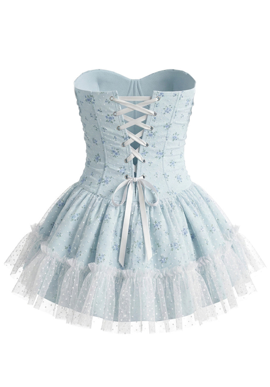 Strapless Floral A Line Corset Dress Light Blue