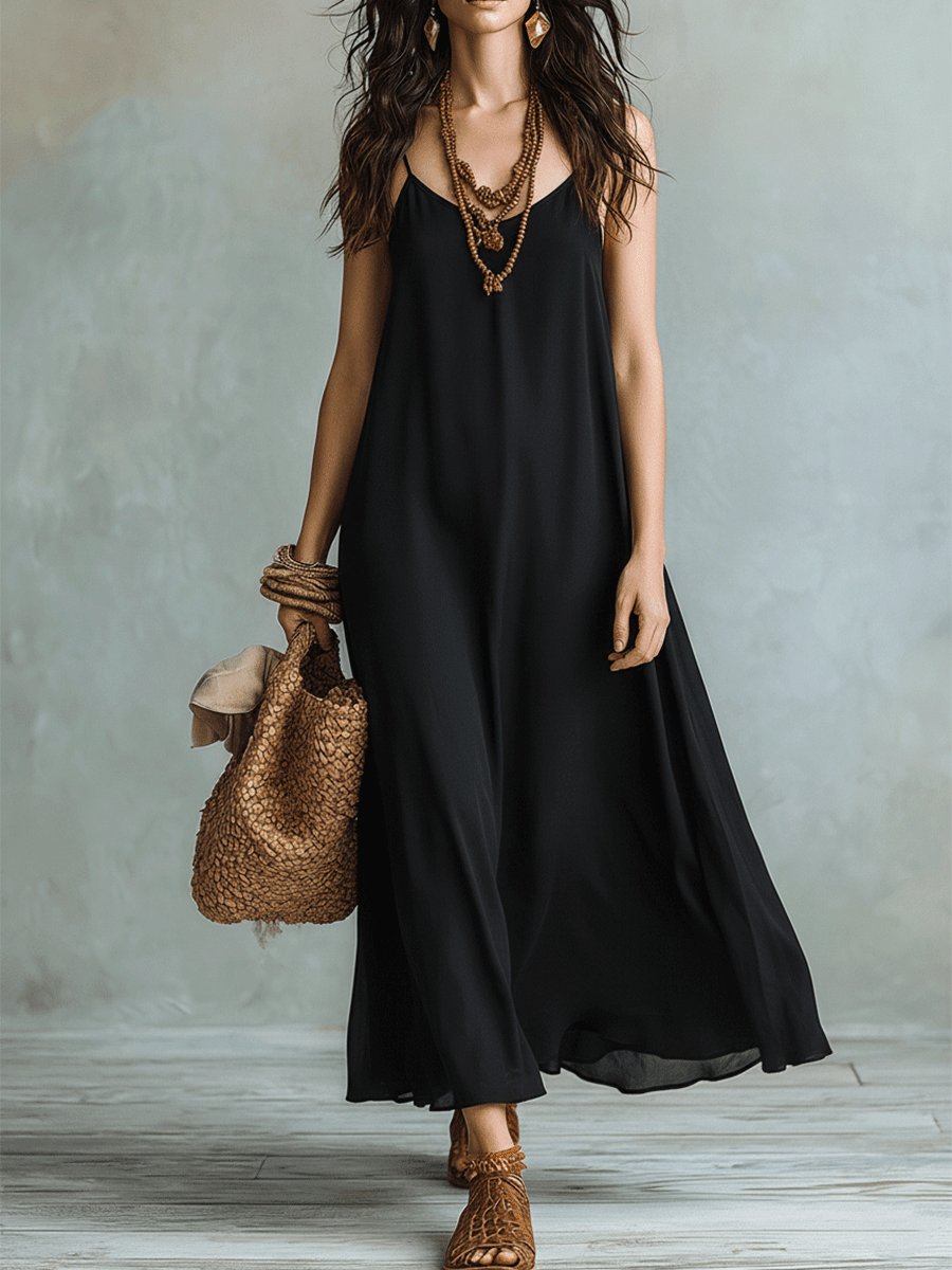 Exquisitely Elegant Black Bohemian-Style Maxi Dress And Shawl Set