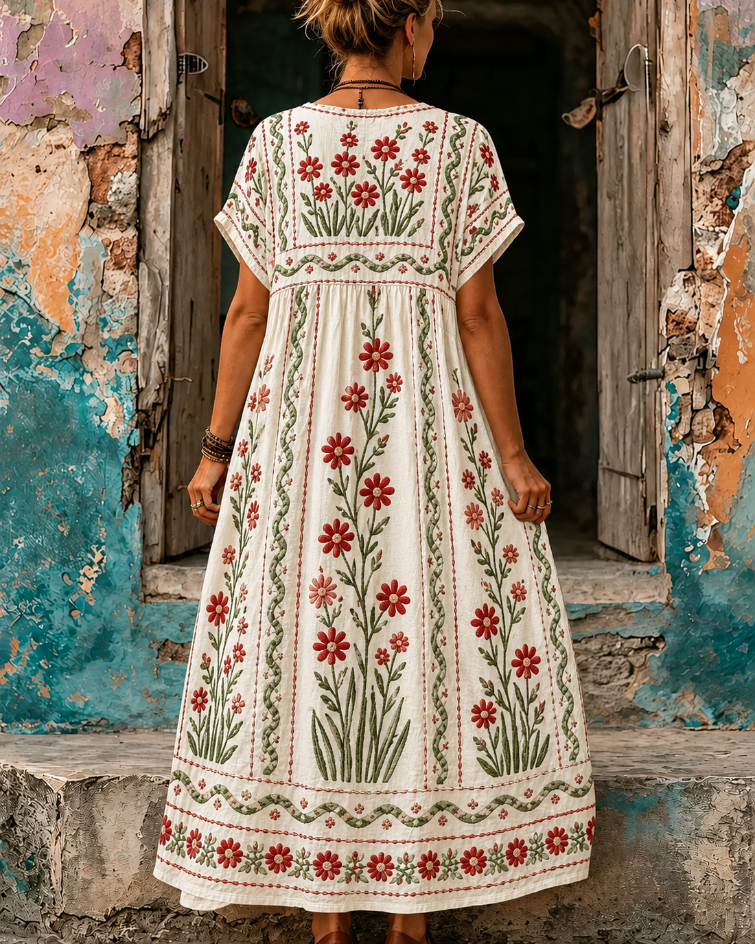 Women's Vacation Linen Boho Floral Print V-Neck Short Sleeve Maxi Dress