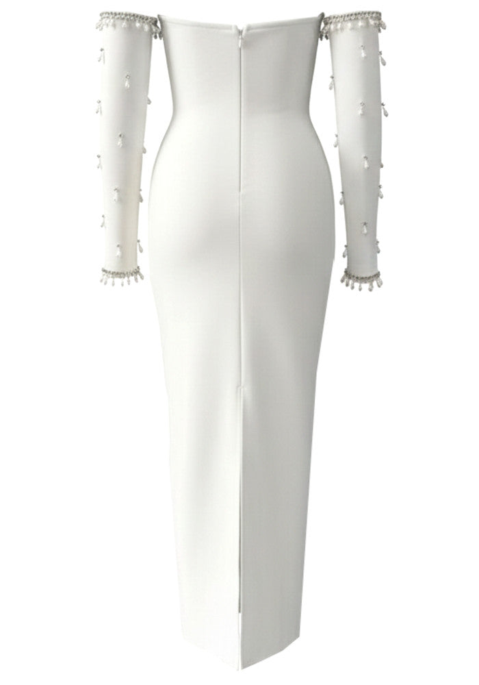 Long Sleeve Bardot Crystal Pearl Maxi Dress White