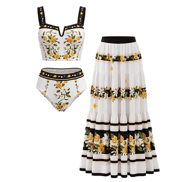 Black Beige And Orange Floral Print Two-Piece Swimsuit Set(s)