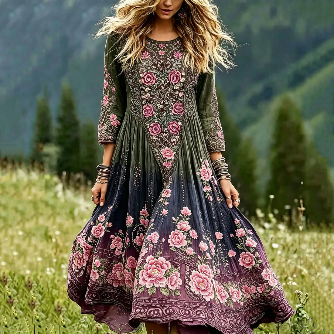 Women's Vintage Romantic Celtic Knot With Floral Art Linen Blend Three-quarter Sleeve Maxi Dress