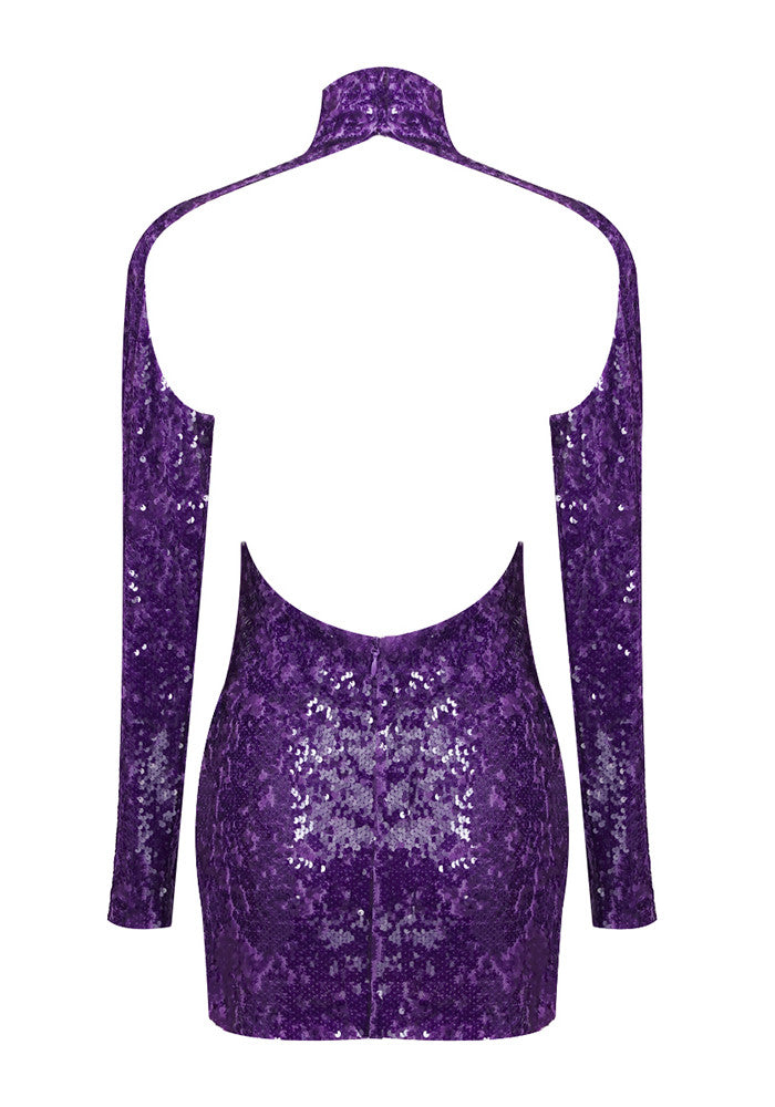 Long Sleeve Sequin Backless Dress Purple