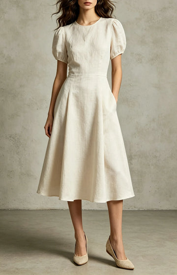 Women's Short Sleeve Puff Shoulder Midi Dress with Hidden Pocket