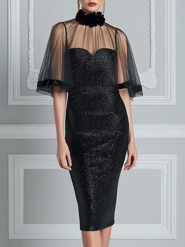 Floral High-Neck Sheer Cape Sequin Midi Dress