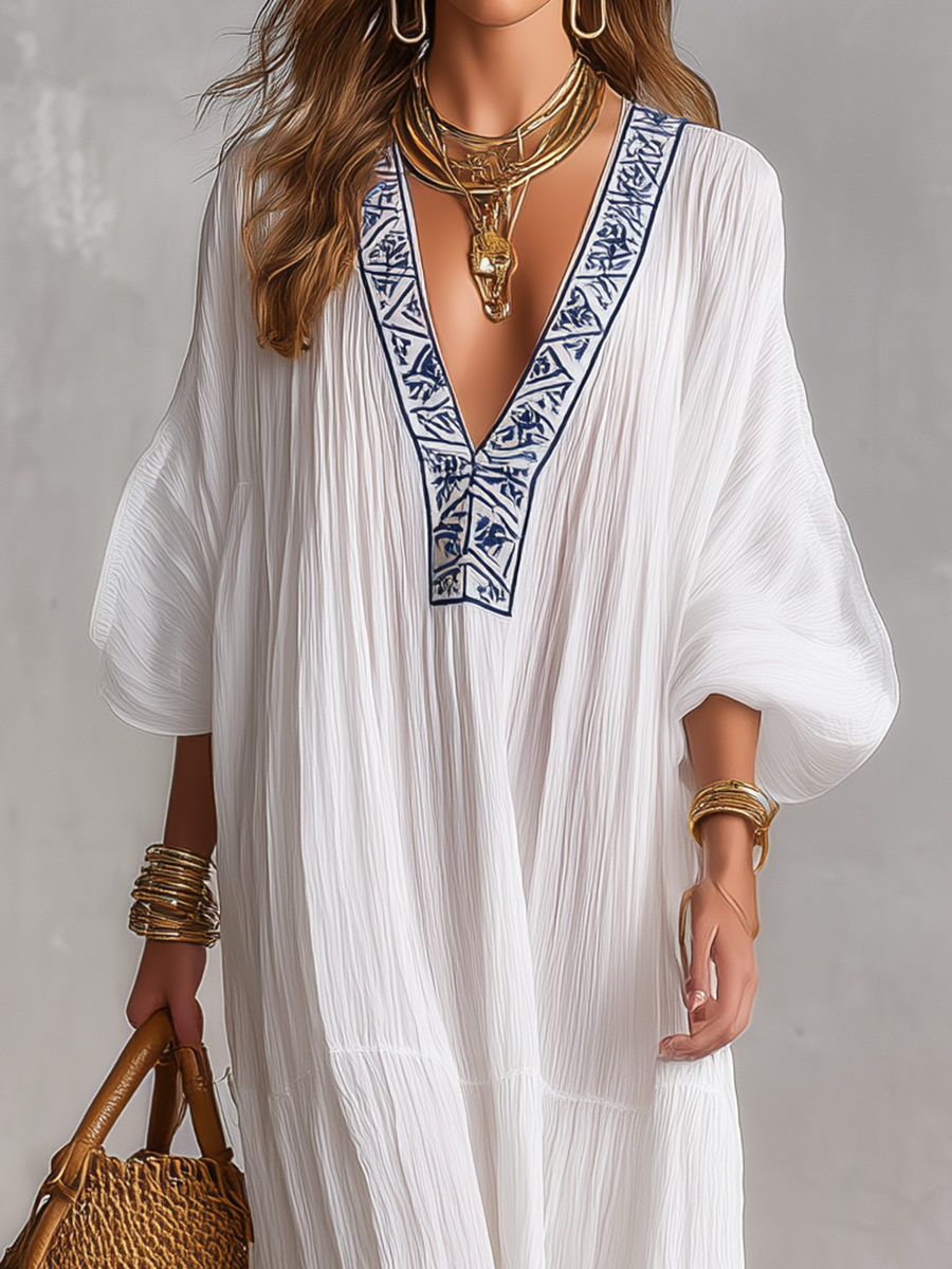 Bohemian White Embroidered V-Neck Crinkle Kaftan Maxi Dress