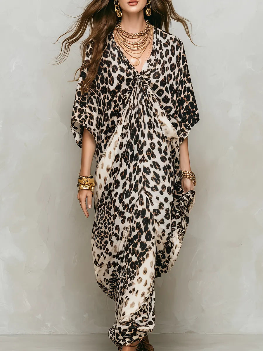 Leopard Print Draped Bohemian Maxi Dress