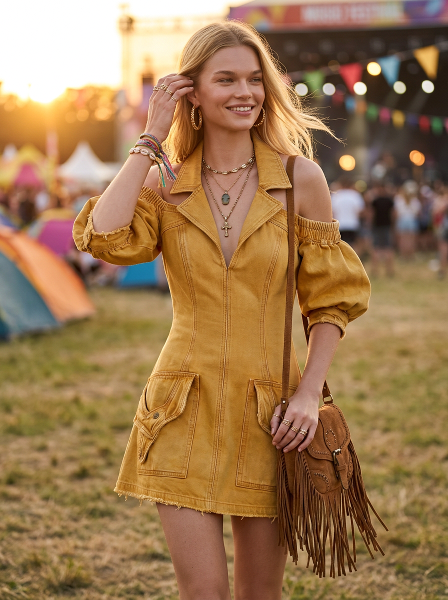 Vintage Mustard Cold-Shoulder Puff-Sleeve Utility Denim Dress With Frayed Hem