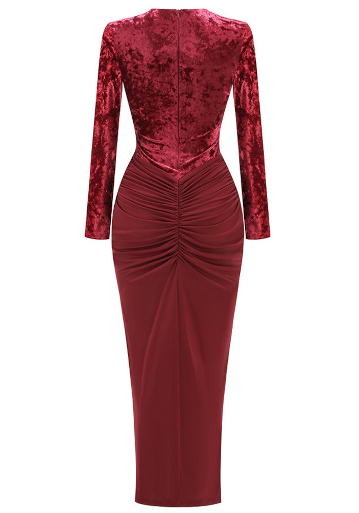 Long Sleeve Draped Velvet Maxi Dress Red