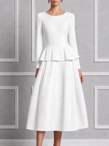 Ivory Round Neck Peplum Waist Pleated A-Line Midi Dress