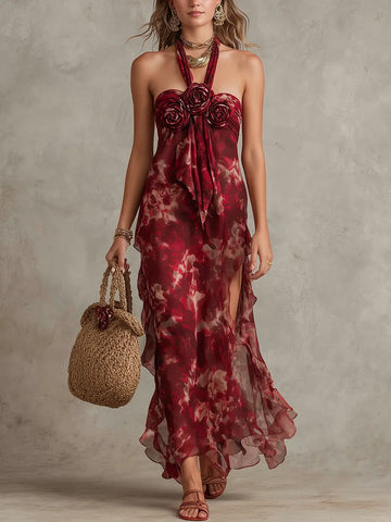 Romantic Floral Print 3D Rose Halter Neck Chiffon Dress