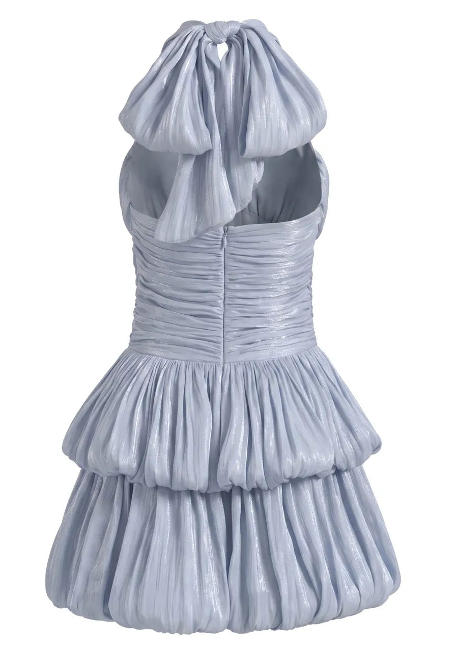 Halter Ruched Bubble Dress Light Blue