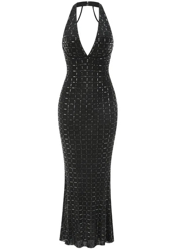 Halter Bustier Embellished Maxi Dress Black