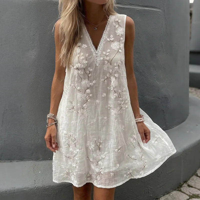 Women's Vintage Floral Art V-neck Sleeveless Flowy Midi Dress