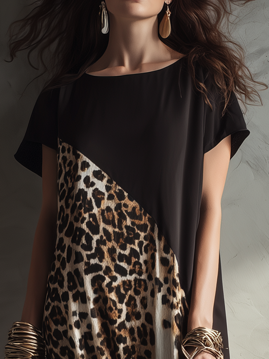 Chic Color-Blocked Leopard Asymmetrical Maxi Dress