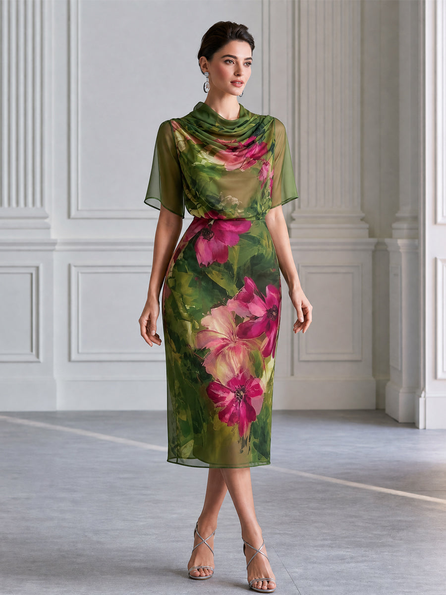 Elegant Floral Print Draped Cowl Neck Chiffon Midi Dress