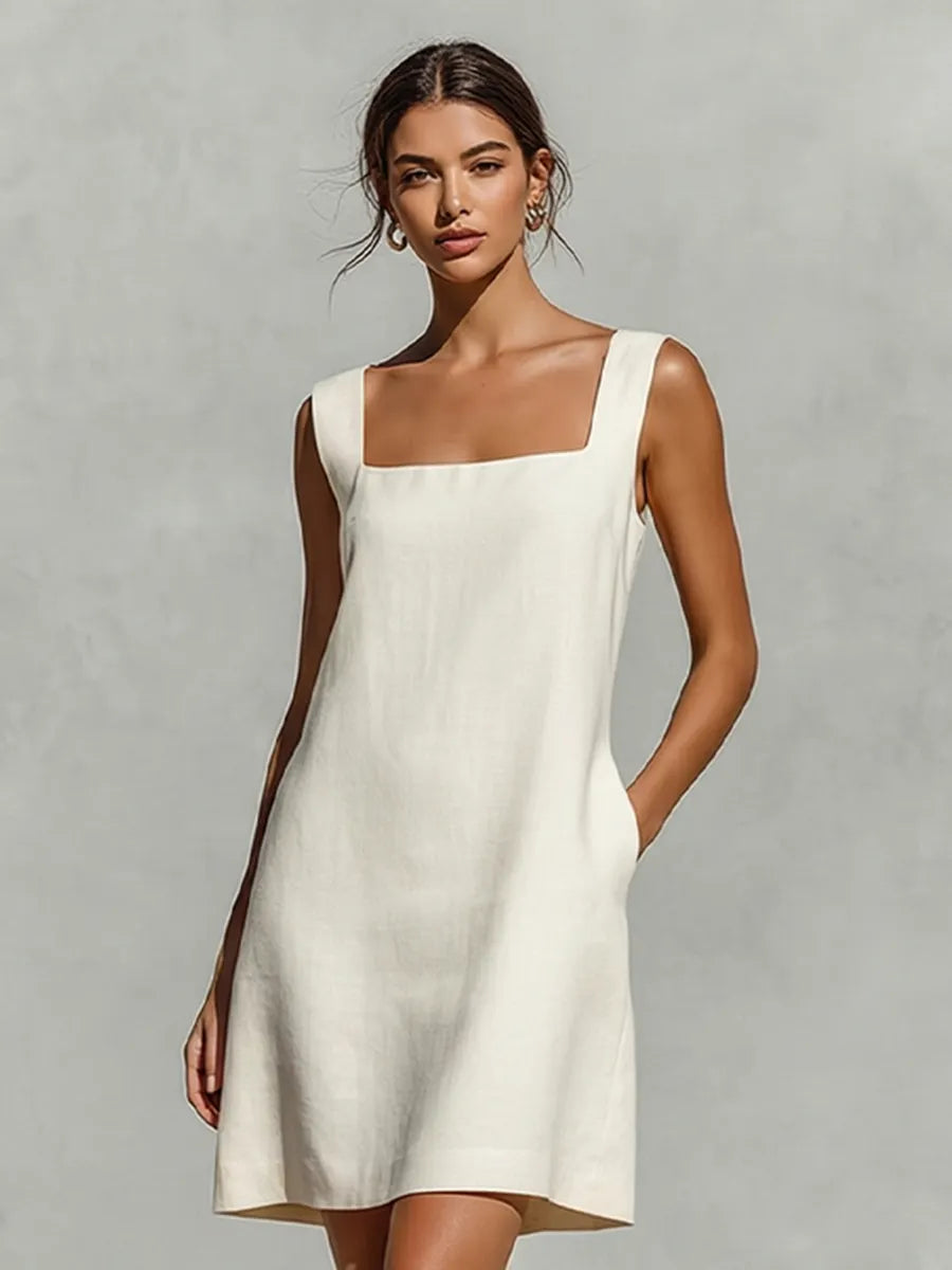 Women's Cream White Linen Mini Dress With Square Neck & Sleeveless Design, Timeless Minimalist-Elegant Style Dress MDZ0168D1I