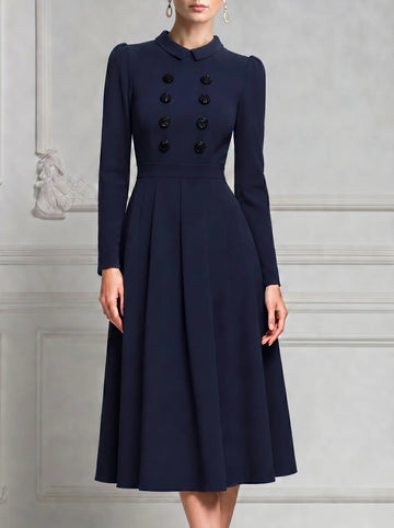 Navy Blue Peter Pan Collar Double Breasted Fit And Flare Midi Dress