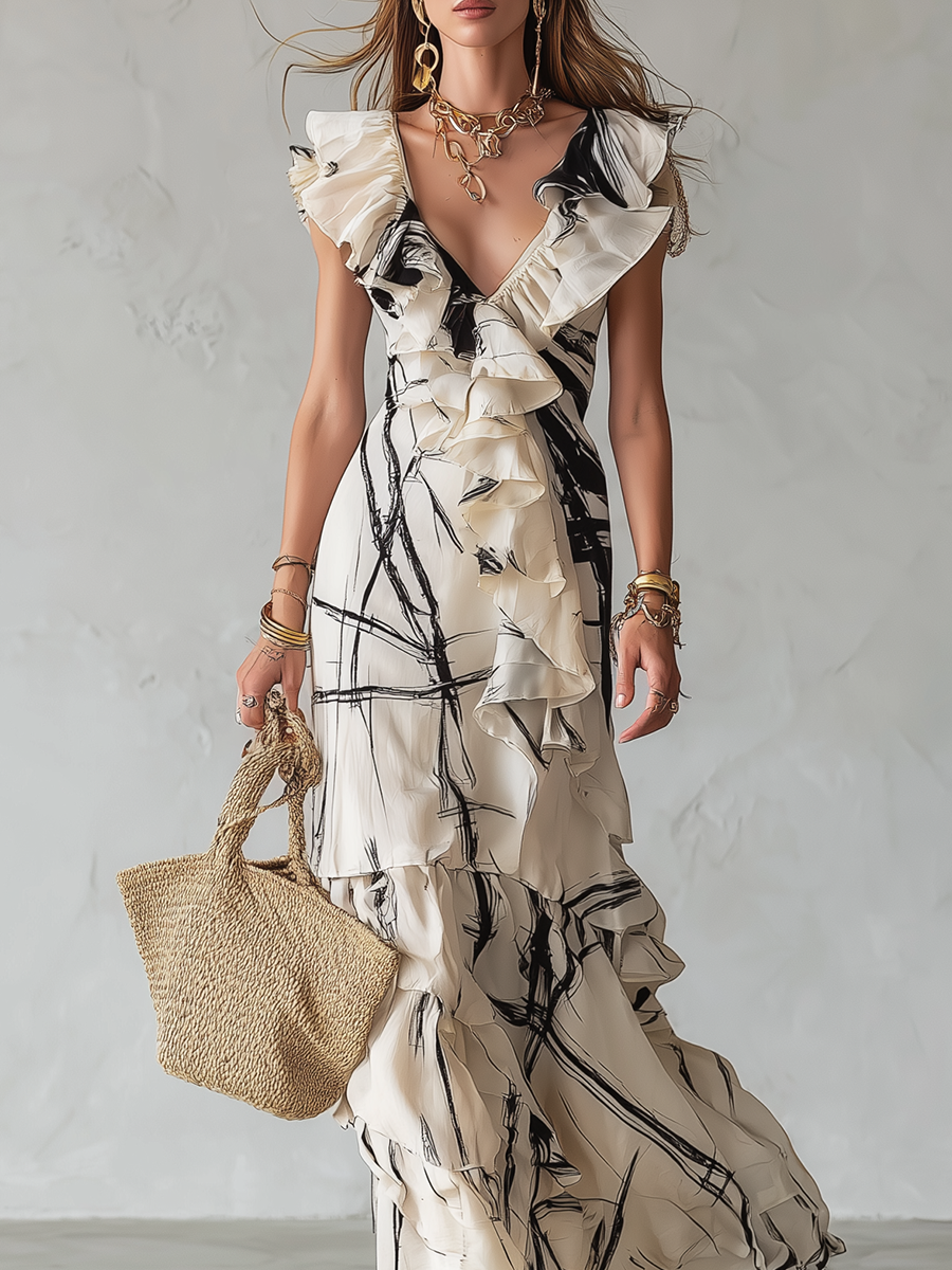 Layered Ruffle V-neck Long Dress