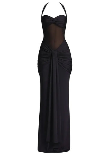 Halter Mesh Insert Draped Maxi Dress Black
