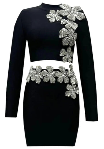 Long Sleeve Crystal Floral Detail Two Piece Dress Black