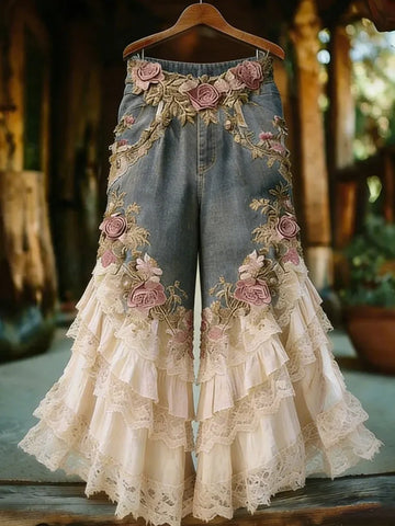 Women's Bohemian Floral Embroidered Patchwork Art Jeans