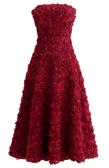 Strapless Floral A Line Midi Dress Red