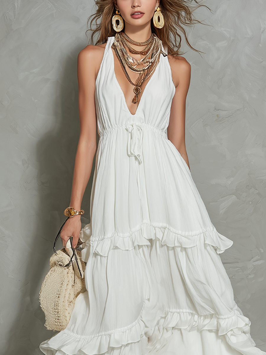 Resort Style White Ruffled Maxi Dress