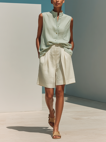 Women’s Mint Green Sleeveless Stand-Collar Linen Shirt & Beige Pleated Wide-Leg Shorts Two-Piece Set MDZ2848D9T