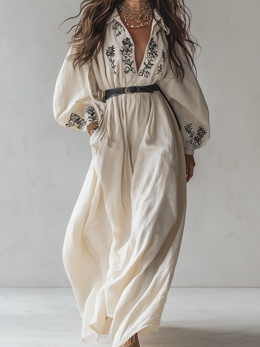 Cream Linen Embroidered Puff Sleeve Shirt Maxi Dress