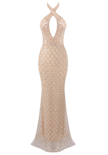 Halter Sequin Maxi Dress Nude