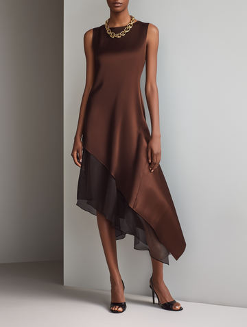Women's Minimalist Faux Acetate & Chiffon Paneled Midi Dress — Sleeveless, Crew Neck, Asymmetrical Hem MDZ2580D3Y