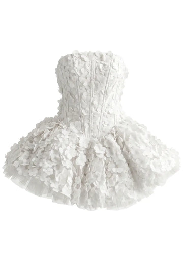 Strapless Floral Petal A Line Corset Dress White