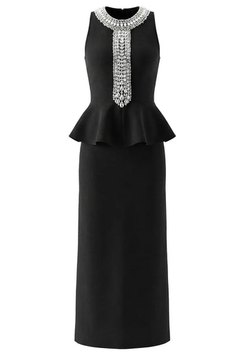 Crystal Detail Peplum Maxi Dress Black