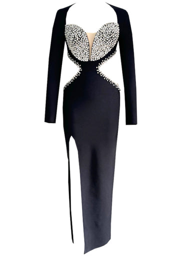 Long Sleeve Crystal Bustier Cut Out Maxi Dress Black