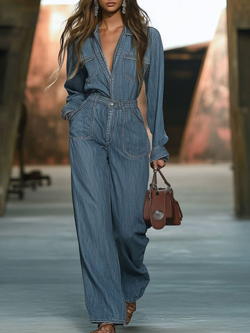 Women's Retro Botton Down Long-Sleeved Wide-Leg Denim Jumpsuit